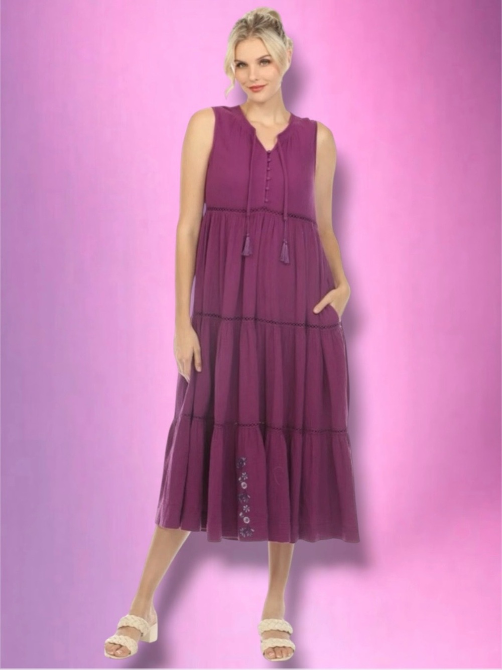 🆕💞Johnny Was Calme Gauze Tiered Midi Dress Shirring Boho Chic • PURPLE • SMALL
